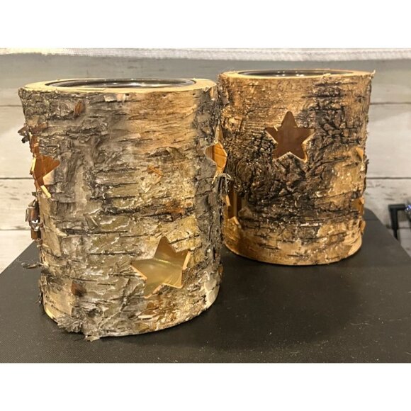 Set Of 2 Birch Bark Star Cutout Candle Holders Rustic Nature Decor - Picture 3 of 9